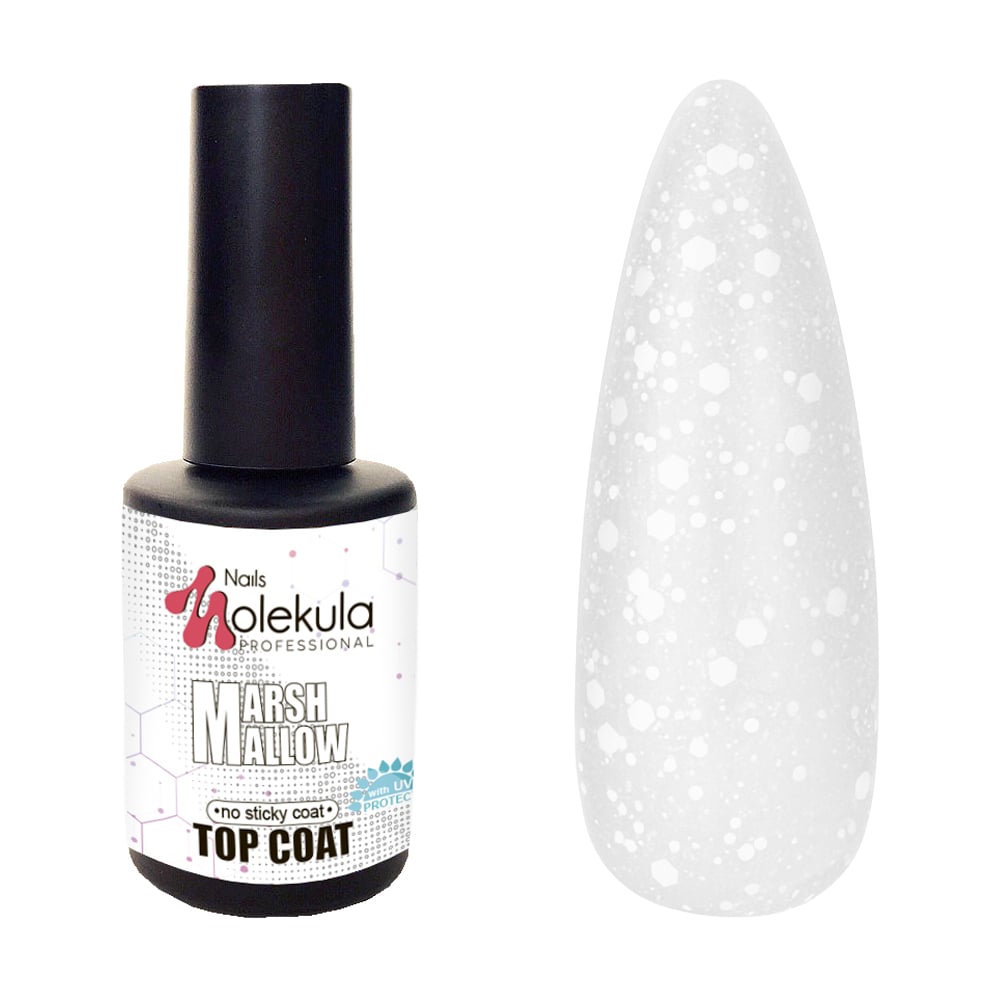 Фінішне покриття для гель-лаку Nails Molekula Professional Marshmallow No Sticky Top Coat з білими вкрапленнями, без липкого шару, 12 мл
